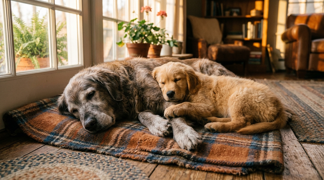 A senior dog and a young puppy lying together on a blanket in soft golden window light