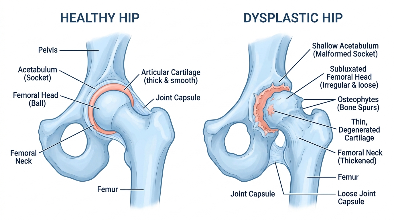 A medical illustration comparing a healthy canine hip joint with a well-seated ball and socket against a dysplastic hip with a shallow, poorly fitting joint