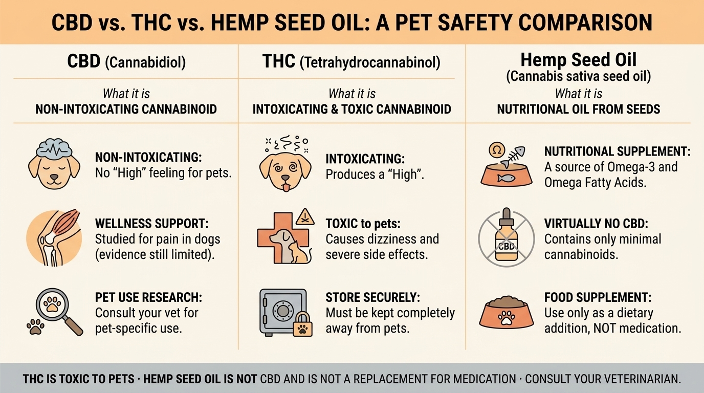 CBD, THC and hemp seed oil compared: what each is, that THC is toxic to pets, and that hemp seed oil contains virtually no CBD