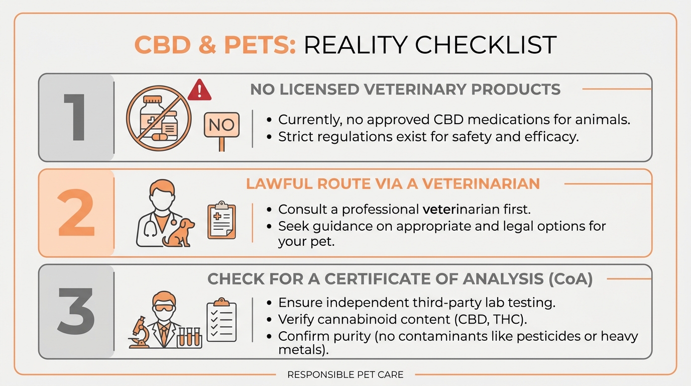 UK CBD reality: no licensed veterinary product, lawful only via a vet, check the Certificate of Analysis