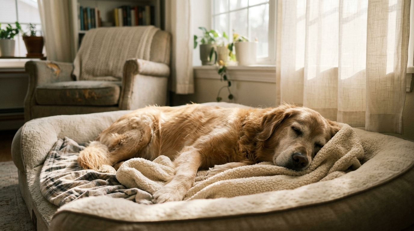 A senior dog asleep and deeply relaxed on a comfortable bed in soft warm window light