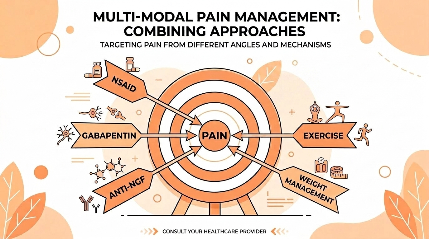 An infographic of a target struck by several arrows from different directions, each labelled with a treatment: NSAID, gabapentin, anti-NGF, exercise, weight management, soft orange and white flat design