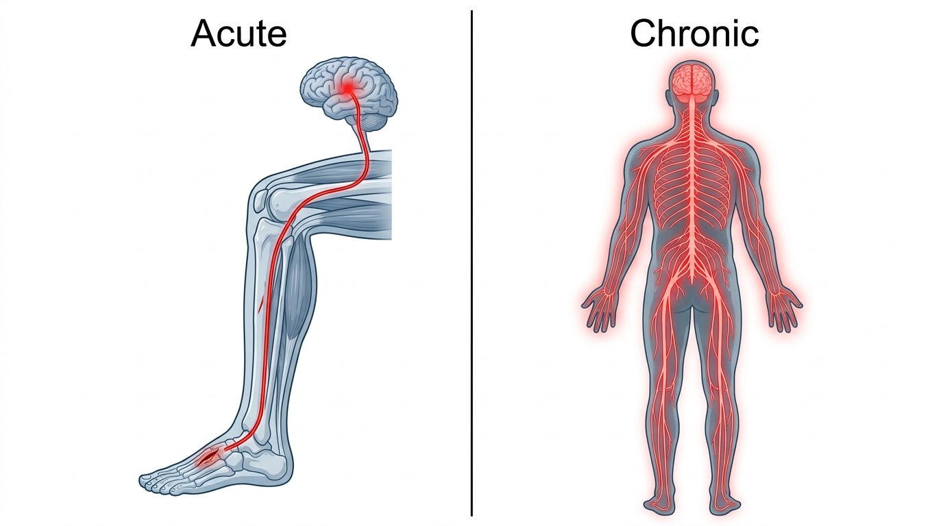 A split scientific illustration: an acute injury with a single red signal line, beside a chronic state with the whole nervous system glowing in amplified red