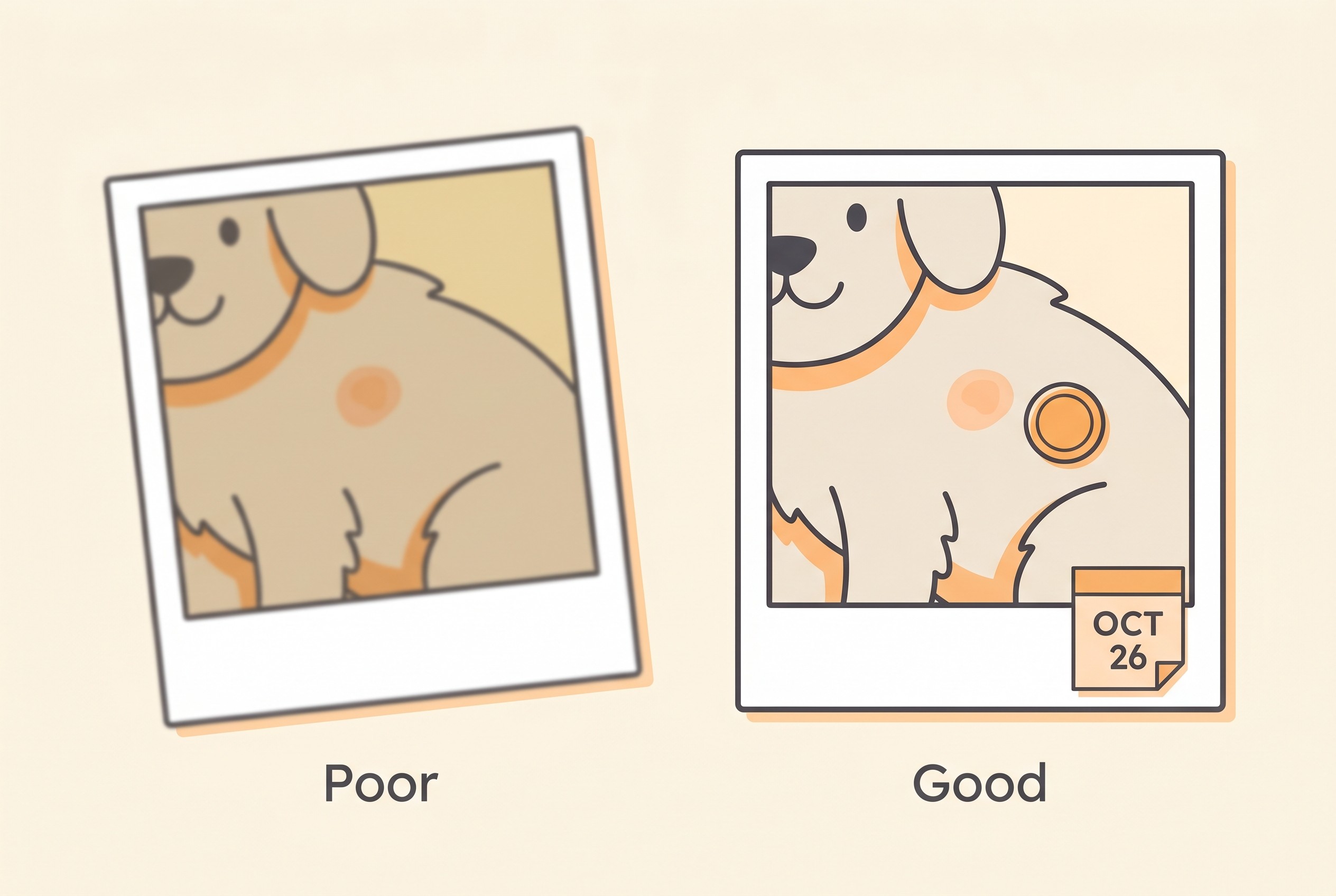 Two photos of the same patch of skin side by side: a poor one taken under yellow indoor light at an angle and out of focus, and a good one taken square-on in daylight, in focus, with a coin beside it for scale and a date