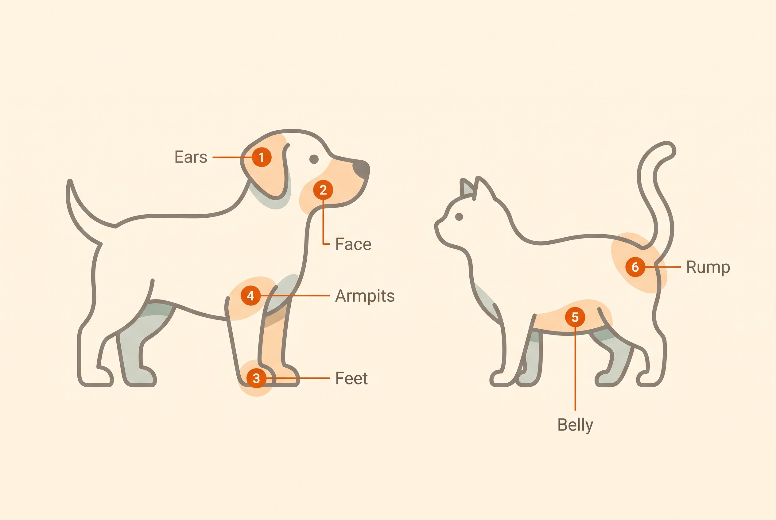 Outline of a dog and a cat with the head-to-tail check points marked: ears, face and muzzle, paws and between the toes, armpits, belly and groin, rump and tail base