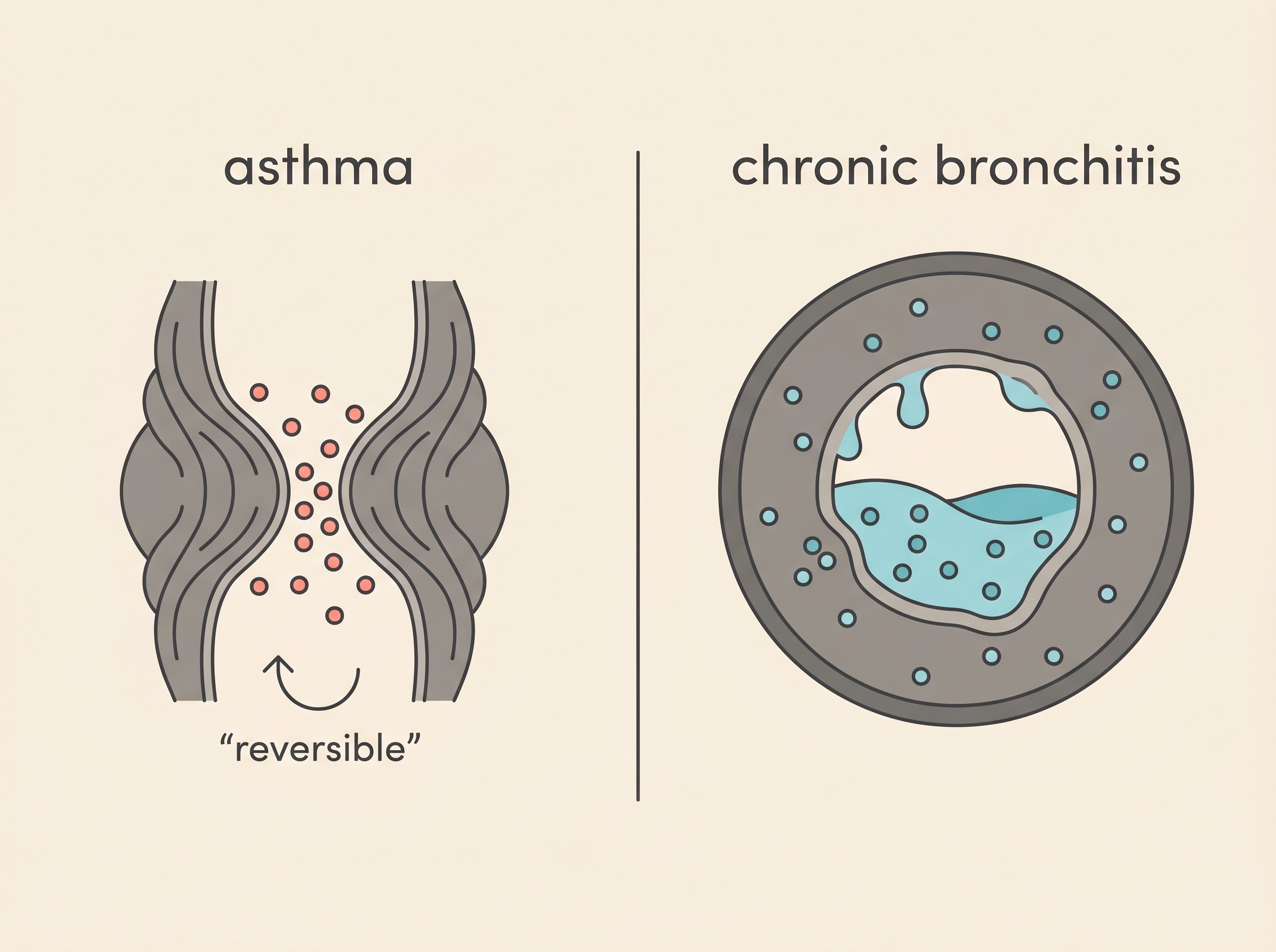 A side-by-side comparison panel in flat-vector style on a cream background: on the left an asthmatic airway labelled "asthma" with eosinophil dots and a constricted, spasming bronchus; on the right a chronic-bronchitis airway labelled "chronic bronchitis" with neutrophil dots, thickened walls and mucus