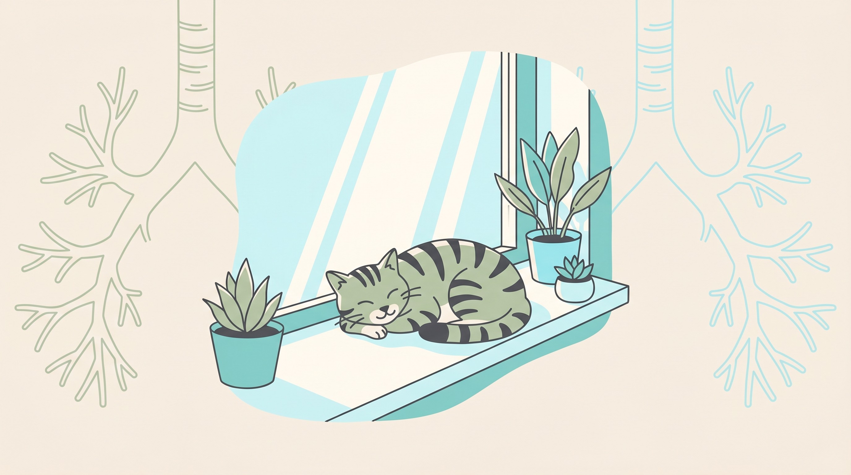 A calm tabby cat resting on a windowsill, drawn in a warm flat-vector style on a cream background, with a soft diagram of branching airways behind it