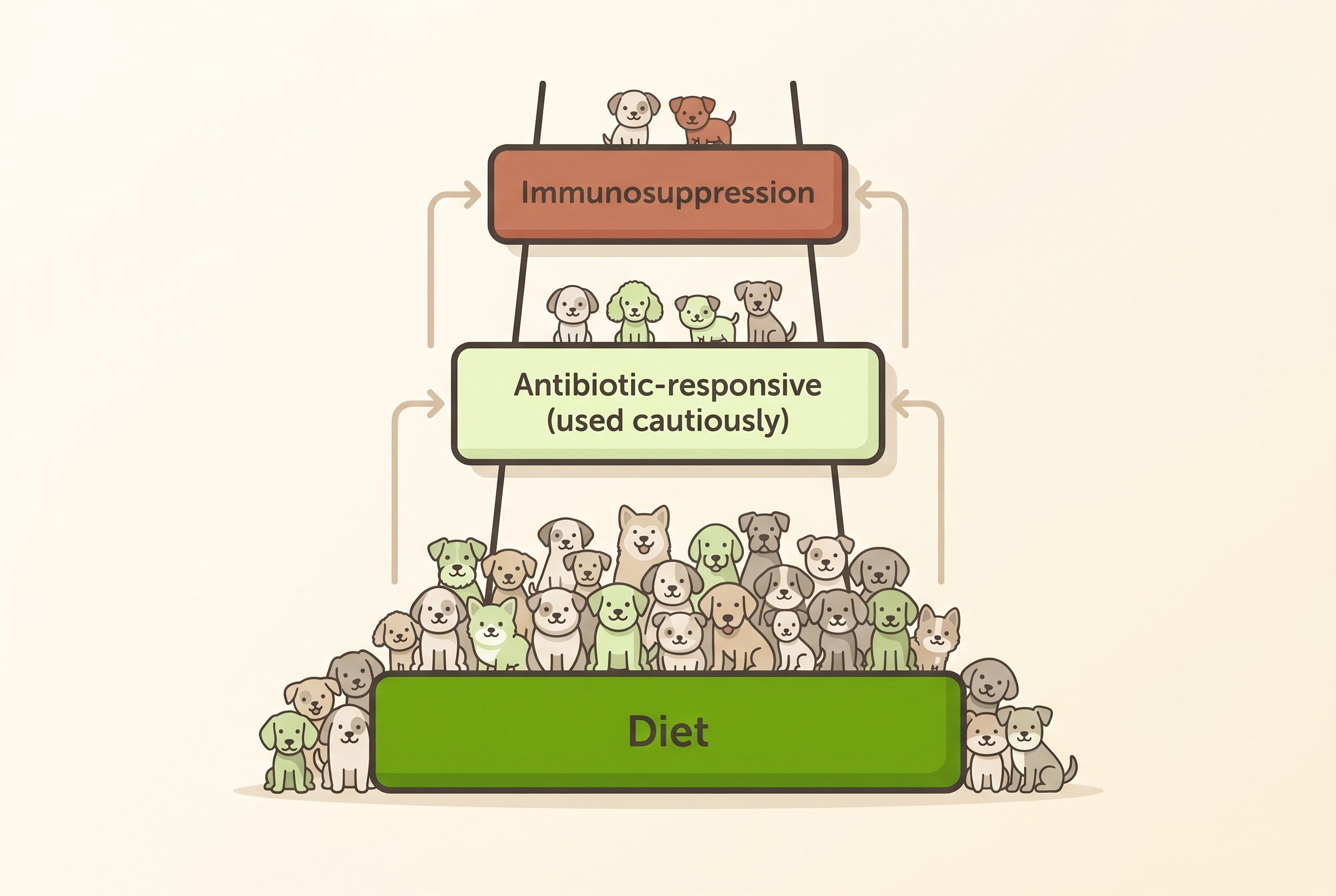 A vertical ladder on cream, the bottom and widest rung labelled "Diet" with most of the dog icons clustered there, a narrow middle rung labelled "Antibiotic-responsive (used cautiously)", and a small top rung labelled "Immunosuppression" with only a few dog icons reaching it