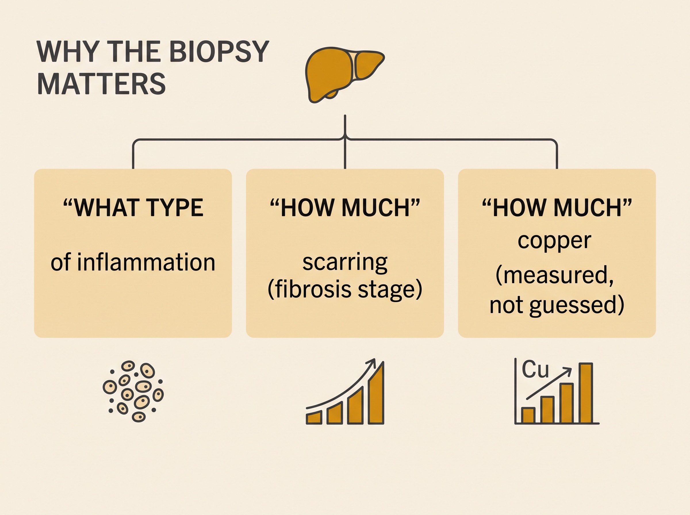 Flat vector diagram on a cream background titled "WHY THE BIOPSY MATTERS", showing three labelled amber panels branching from a small liver-tissue icon: panel one "WHAT TYPE of inflammation", panel two "HOW MUCH scarring (fibrosis stage)", panel three "HOW MUCH copper (measured, not guessed)", soft charcoal linework, no blood or distressing imagery