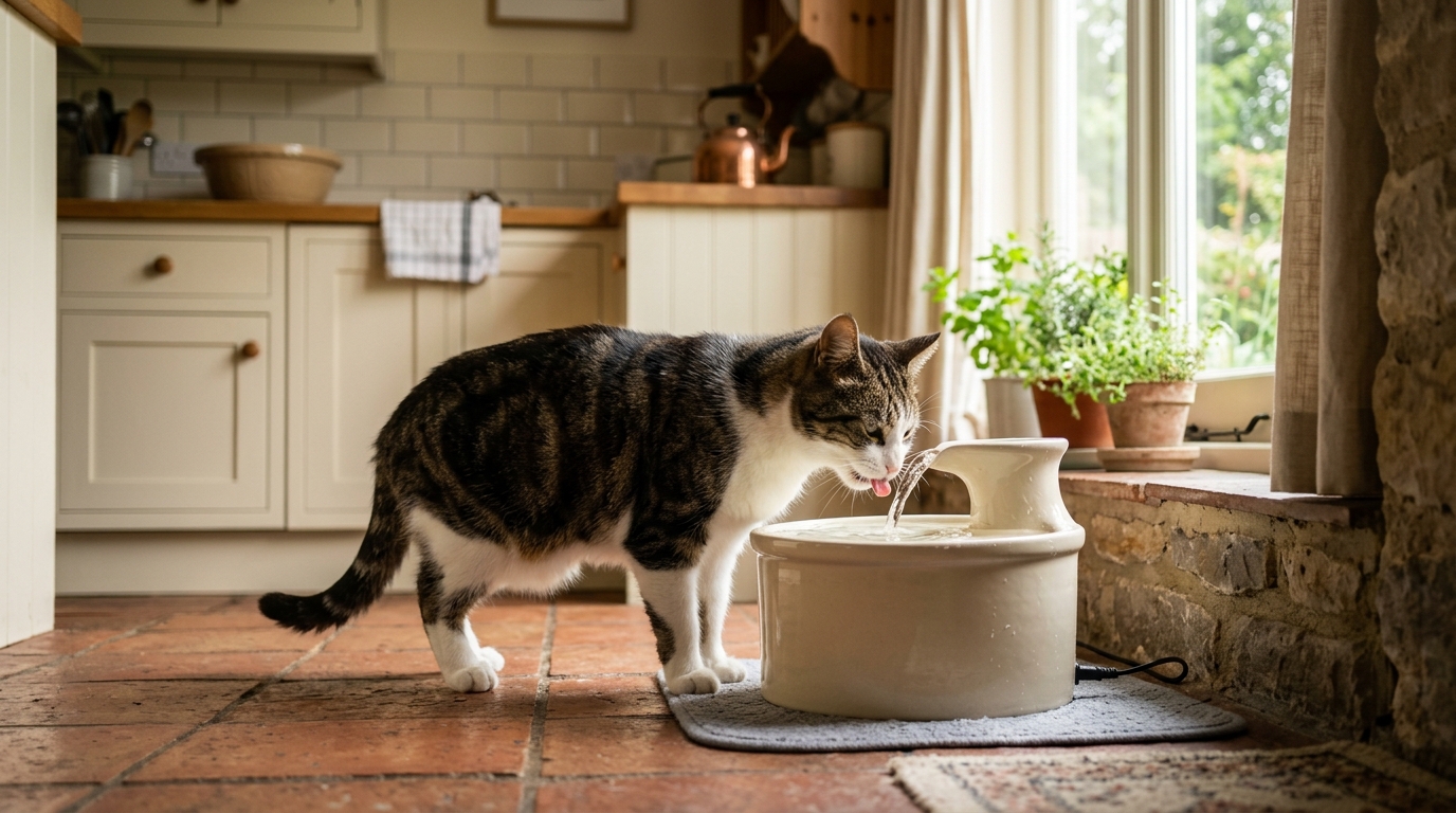 A cat drinking from a water fountain, illustrating the increased thirst that is often the earliest sign