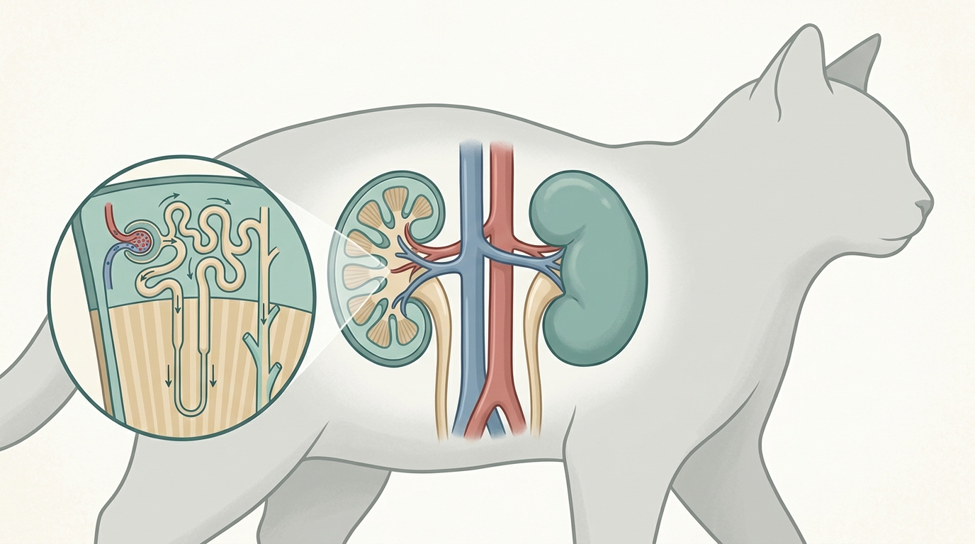 A simple illustration of a cat's kidneys and the tiny nephrons that filter the blood
