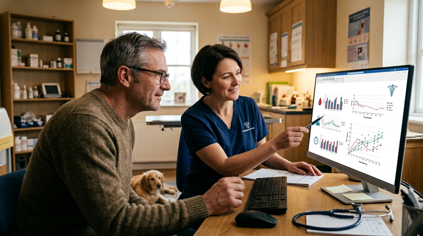 An owner and vet reviewing blood results together