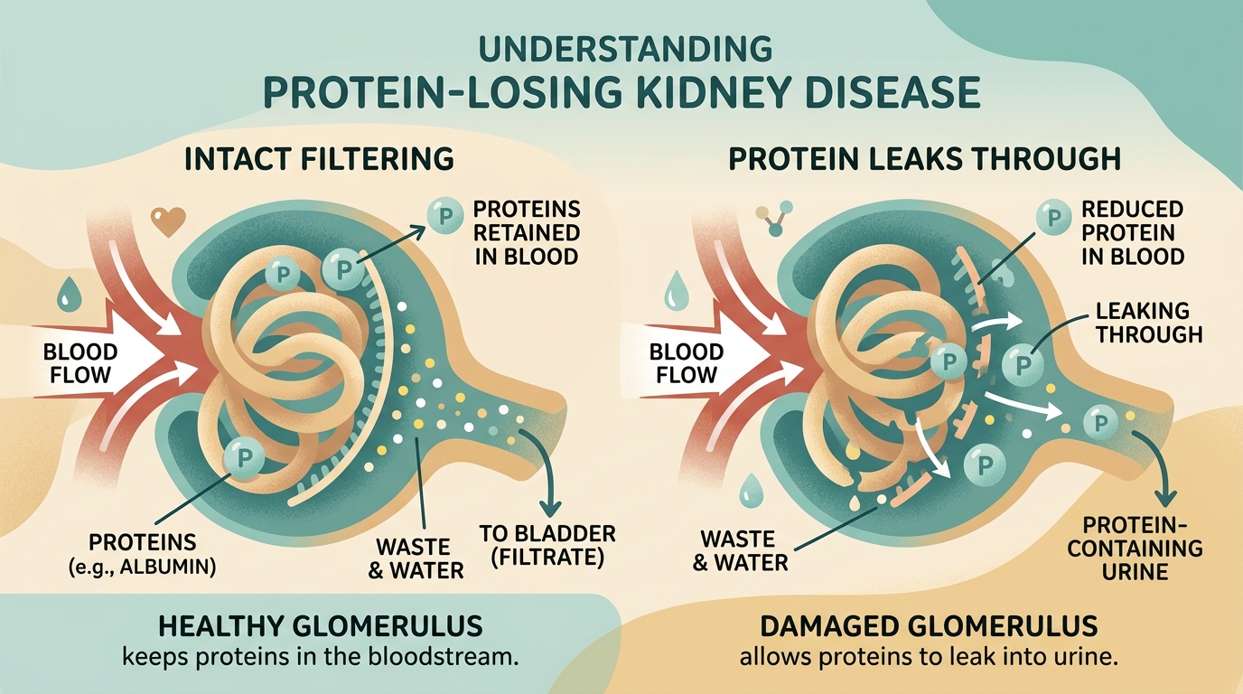 A simple diagram of where protein leaks through the kidney's filters in dogs