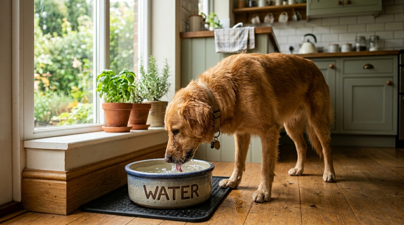 A dog drinking heavily, illustrating the increased thirst common in kidney disease