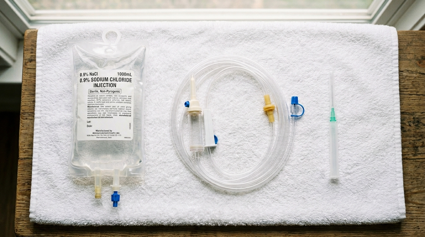 The kit for home fluids, laid out: fluid bag, giving set, and capped needle