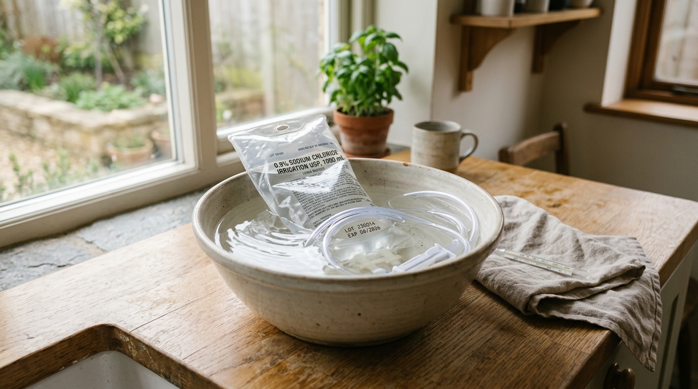 A fluid bag warming in a bowl of warm water
