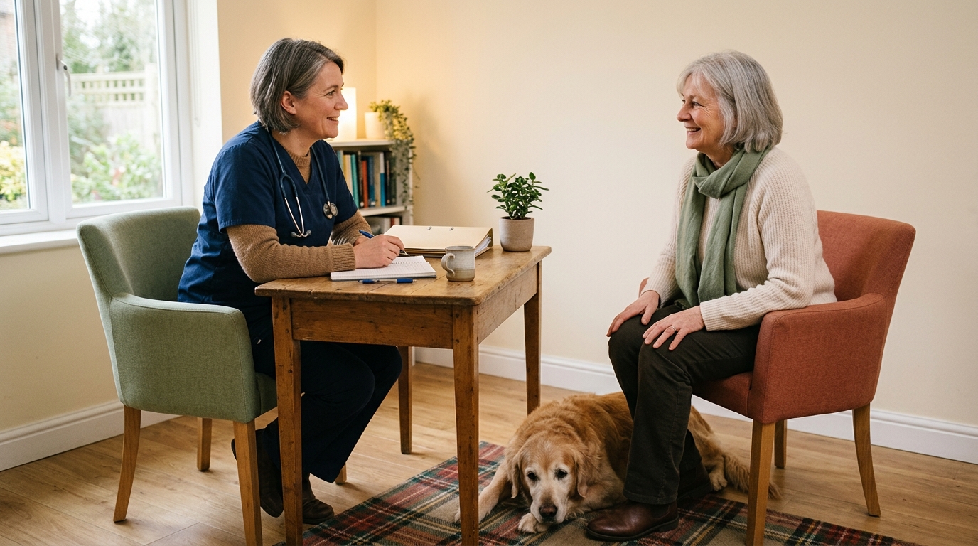 A vet and owner in a considered referral-style conversation