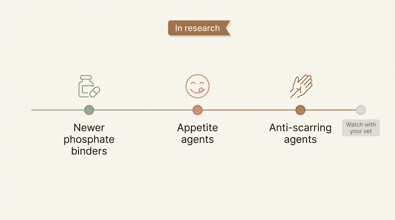 A soft research-pipeline timeline labelled "In research" with neutral milestones