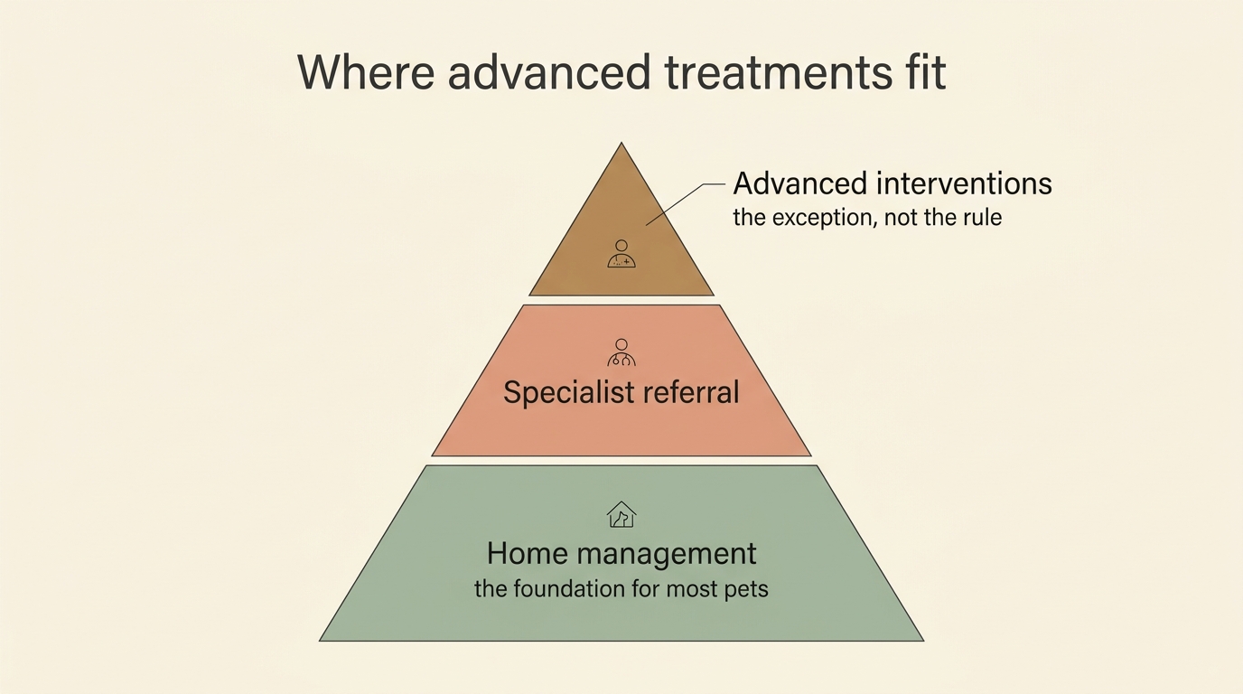 A three-tier ladder showing where advanced treatments sit relative to home care