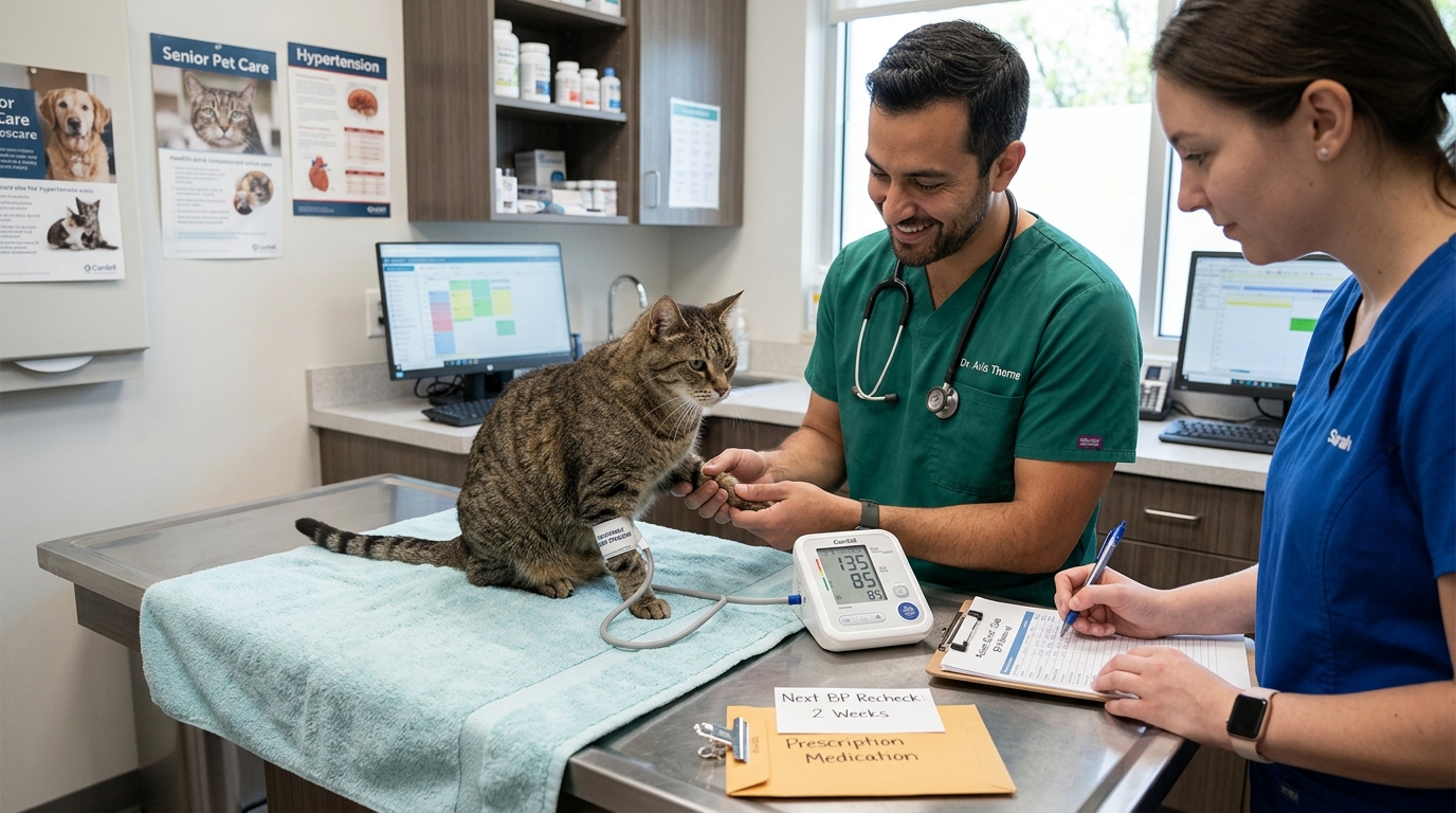 Treating pet hypertension and rechecking to target