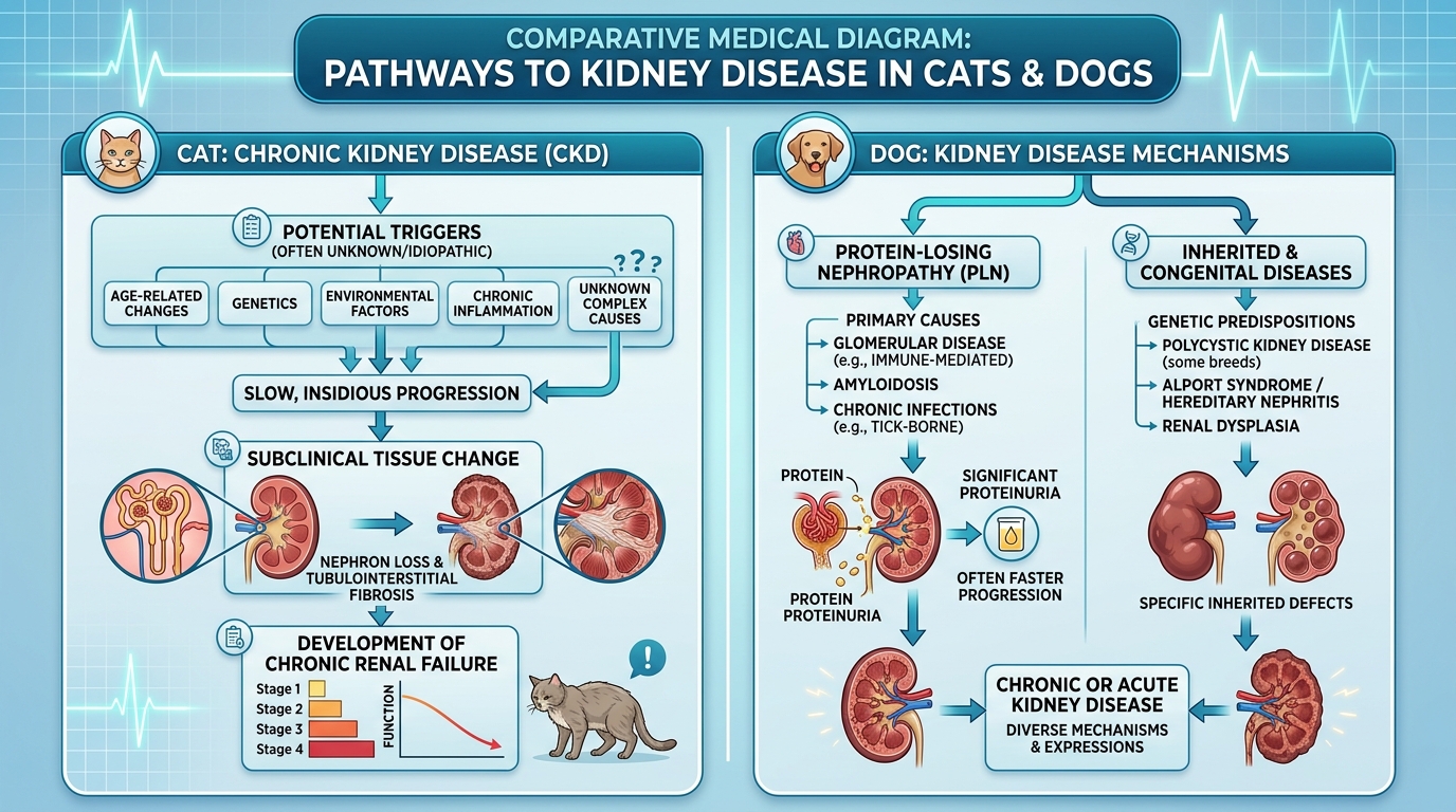 The main causes of chronic kidney disease in cats versus dogs