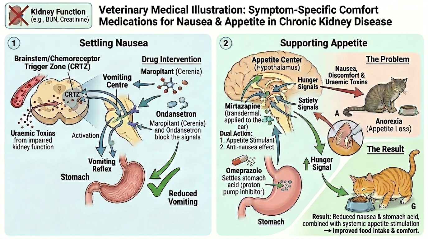 Where the comfort medications act: nausea, appetite and stomach acid