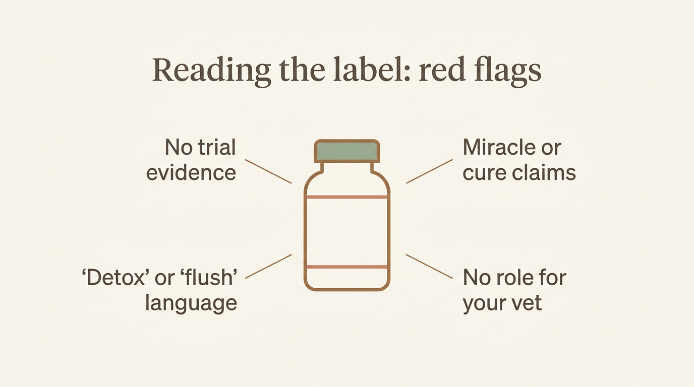 A stylised product label with the red flags called out
