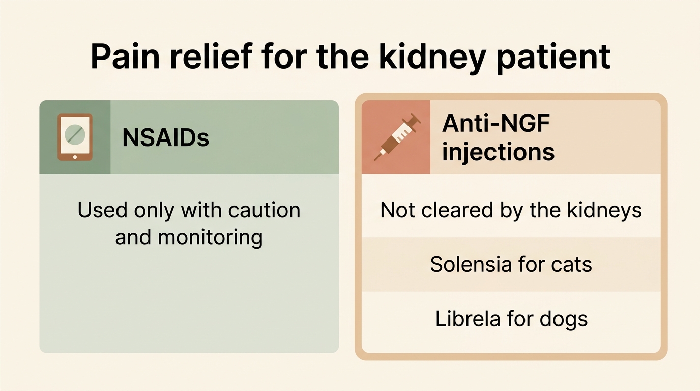 A two-column decision card comparing pain-relief options for the kidney patient