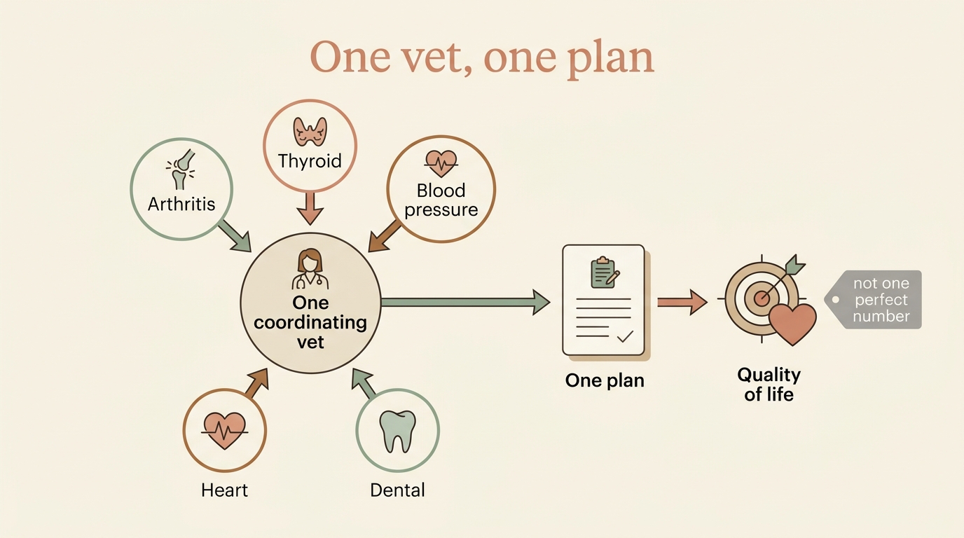 A diagram of one vet coordinating several conditions into a single plan