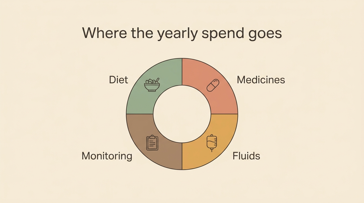 A labelled, clearly illustrative breakdown of where the annual CKD spend goes