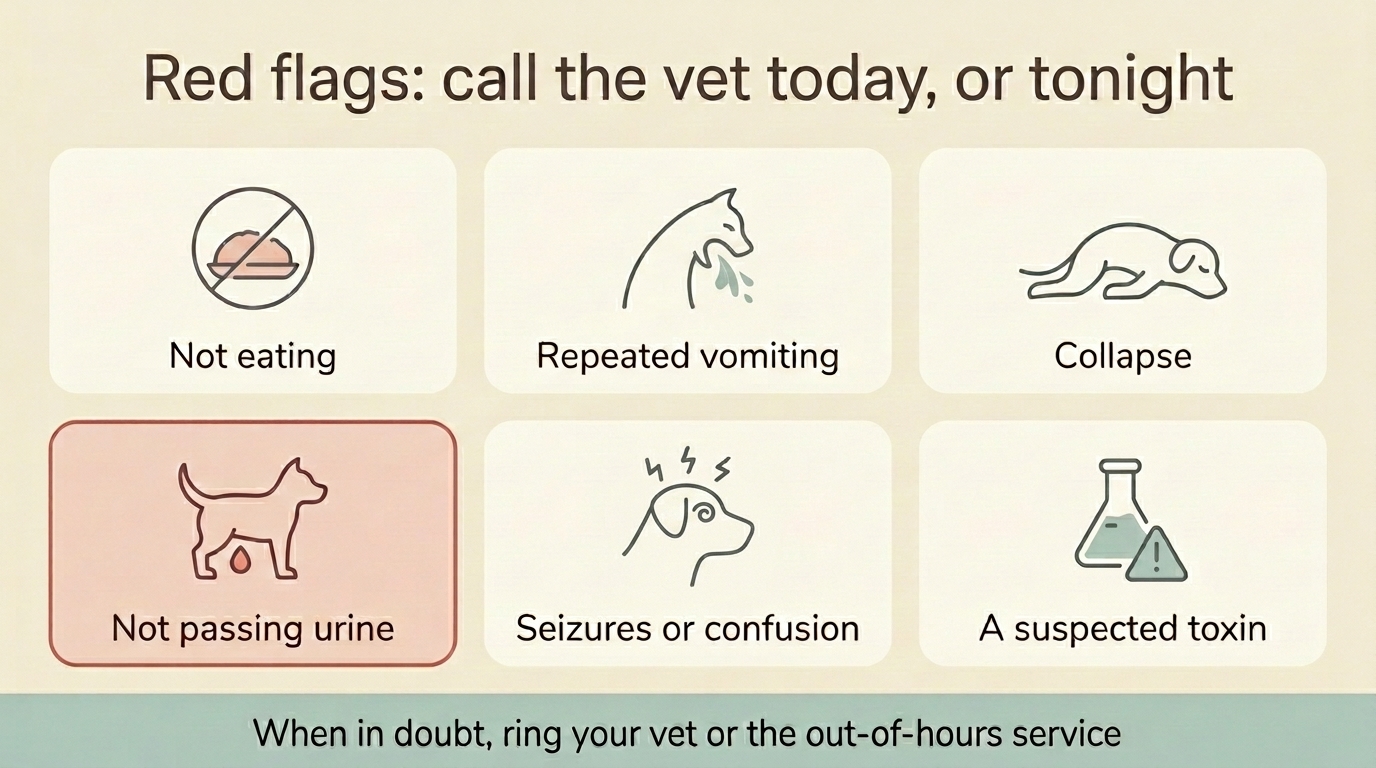 A grid of kidney-crisis red-flag signs with a heading to ring the vet