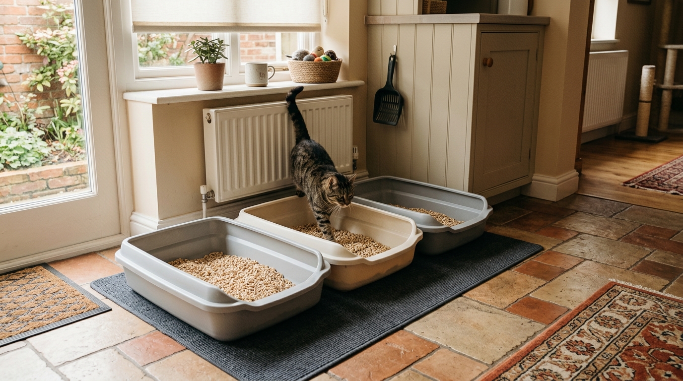 Multiple low-sided, easy-access litter trays set up for a kidney patient