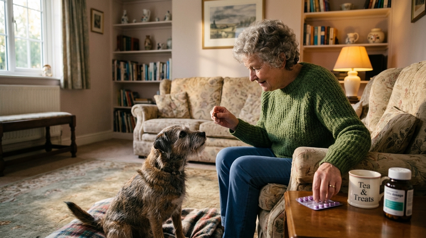 A calm medication moment paired with a treat, on a simple daily schedule