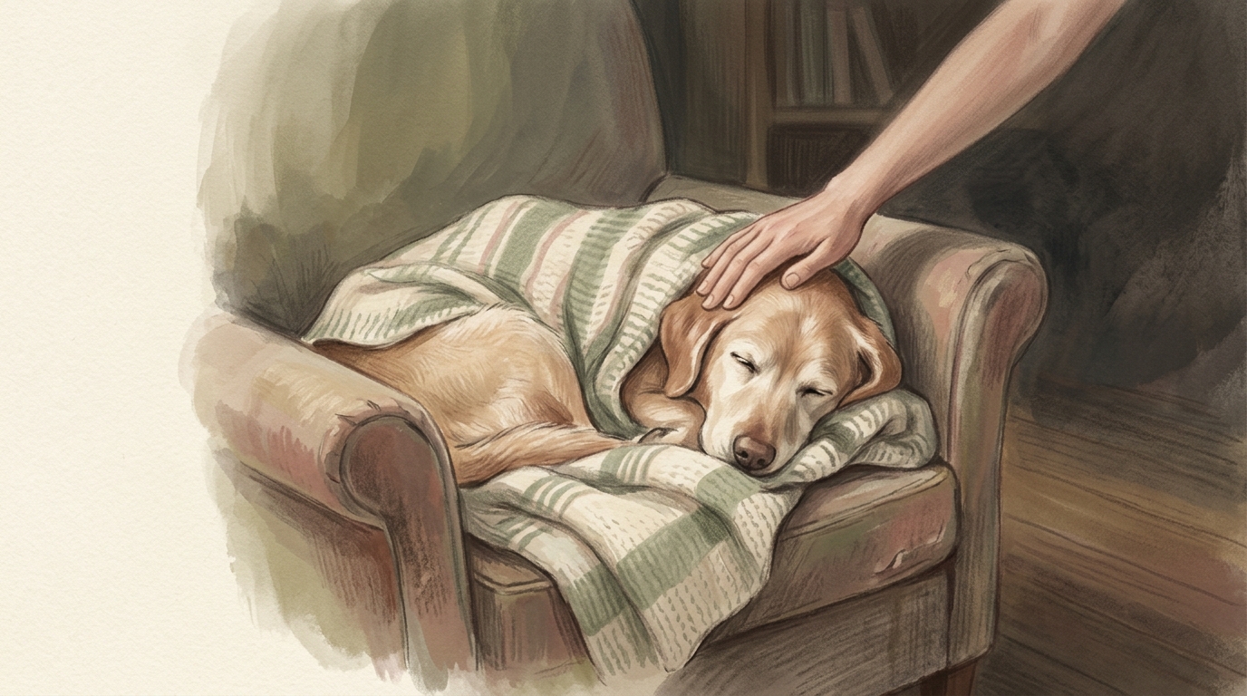 A tender, quiet scene of an owner's hand resting gently on a peaceful sleeping pet wrapped in a soft blanket, warm and calm