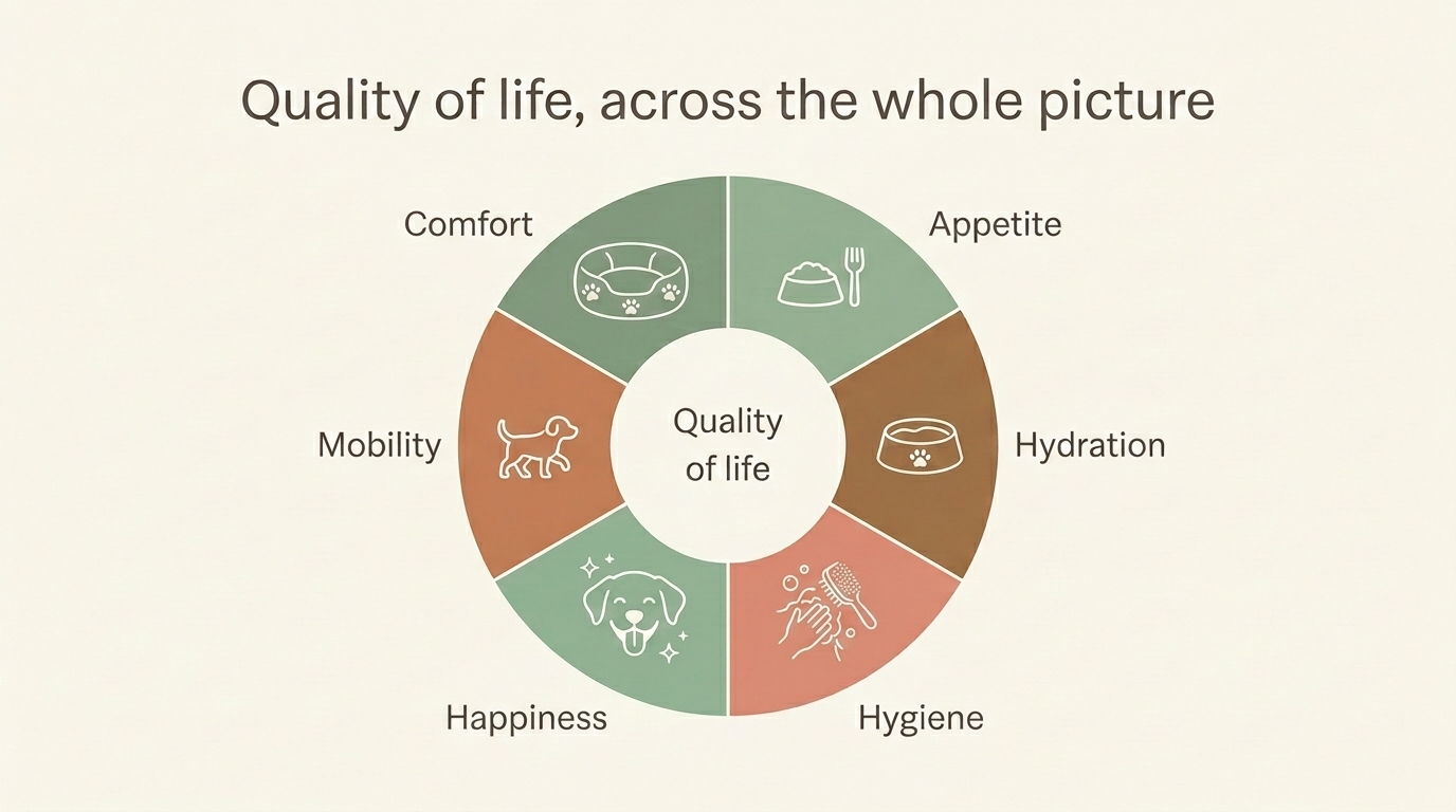 A calm illustration showing the parts of quality of life as gentle, balanced areas, comfort, appetite, hydration, hygiene, happiness and mobility