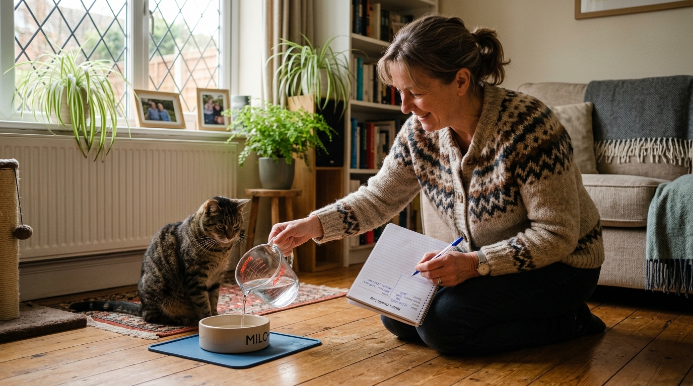 Measuring a pet's daily water intake with a jug and logging the trend