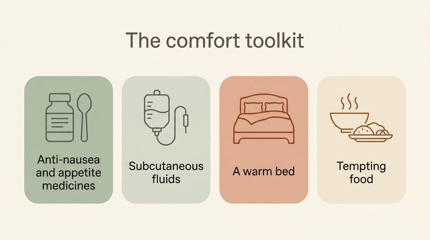 A gentle labelled comfort toolkit: anti-nausea and appetite medicines, subcutaneous fluids, a warm bed, and tempting food