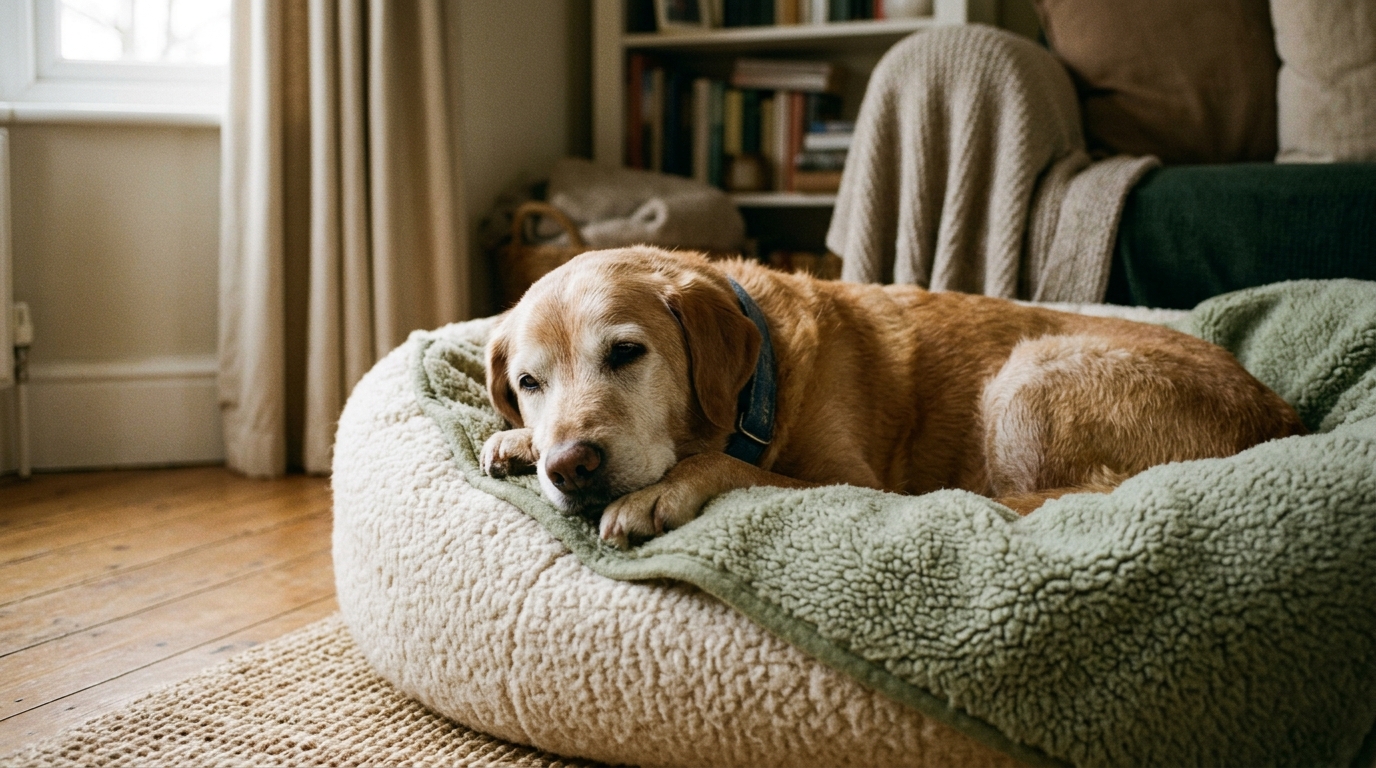 A frail but peaceful older dog resting comfortably in a soft, warm bed, calm and settled