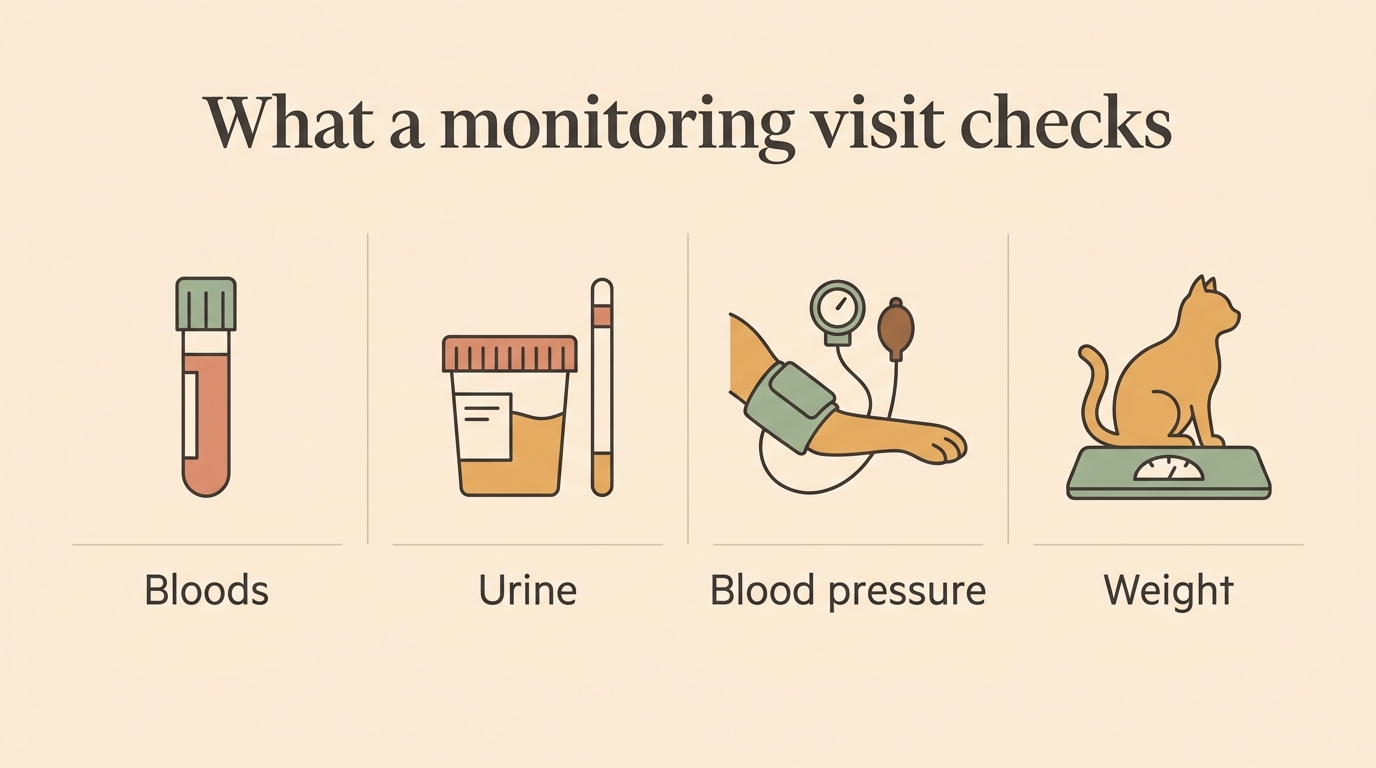 A labelled panel of what gets checked: bloods, urine, blood pressure and weight