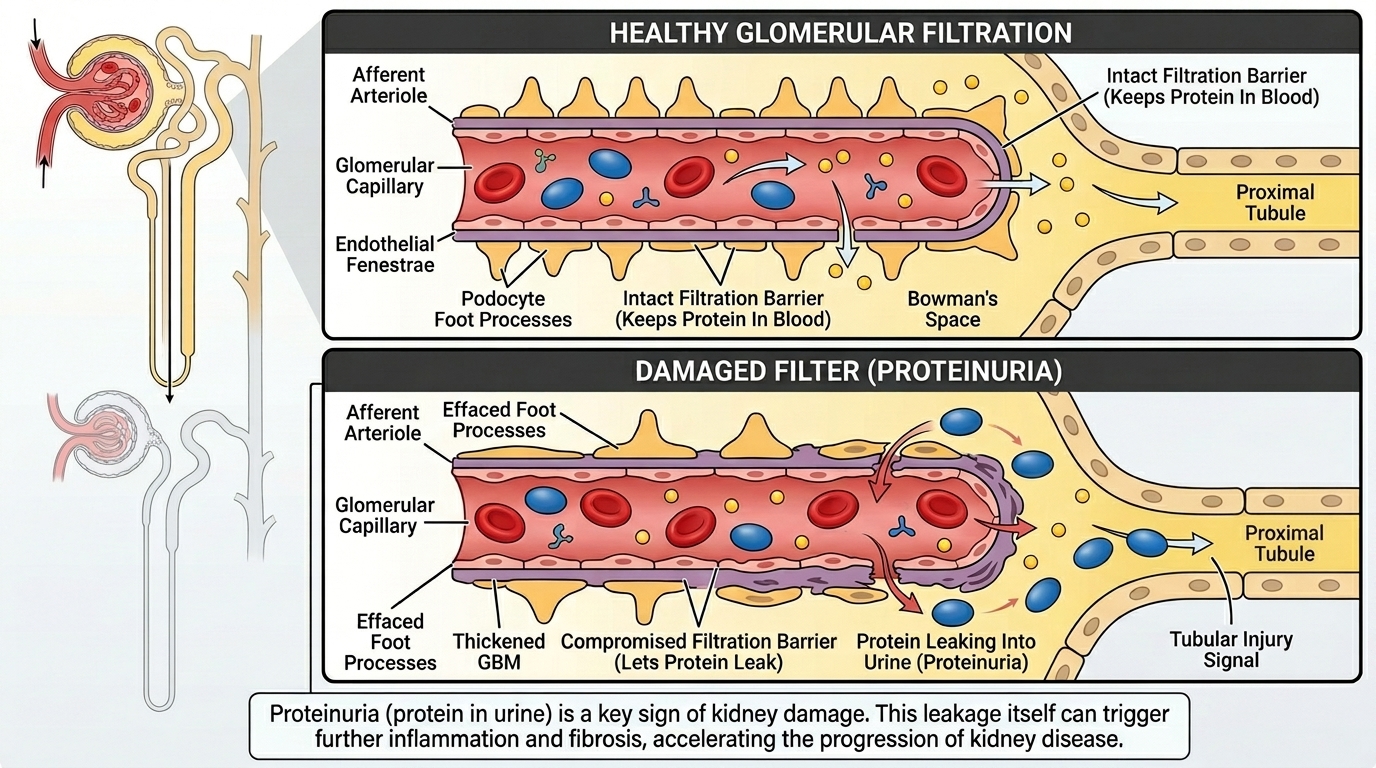 How a damaged kidney filter leaks protein into the urine