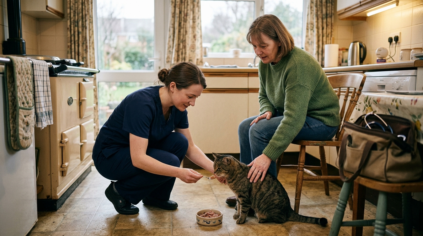 A cat being gently encouraged to eat, with medical help where needed