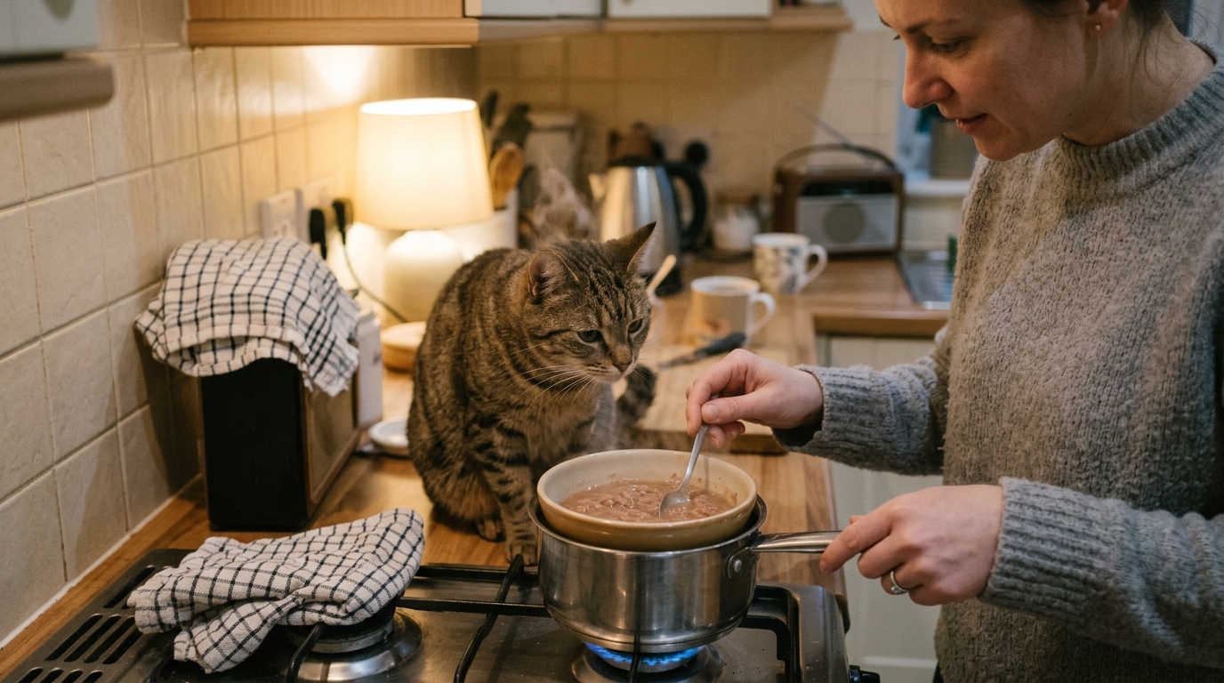 Warming food and adding aroma to tempt a reluctant cat