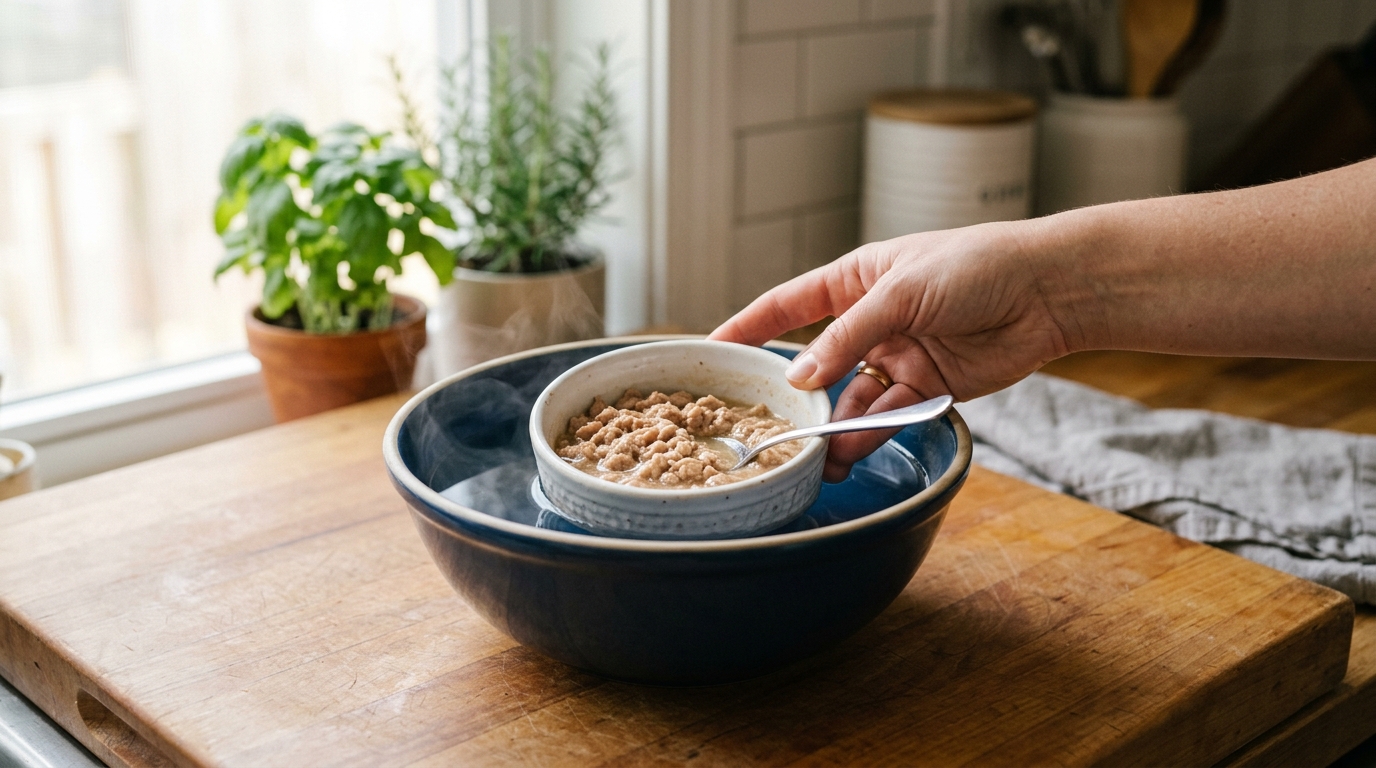 Warming wet food in a bowl of warm water to boost its aroma