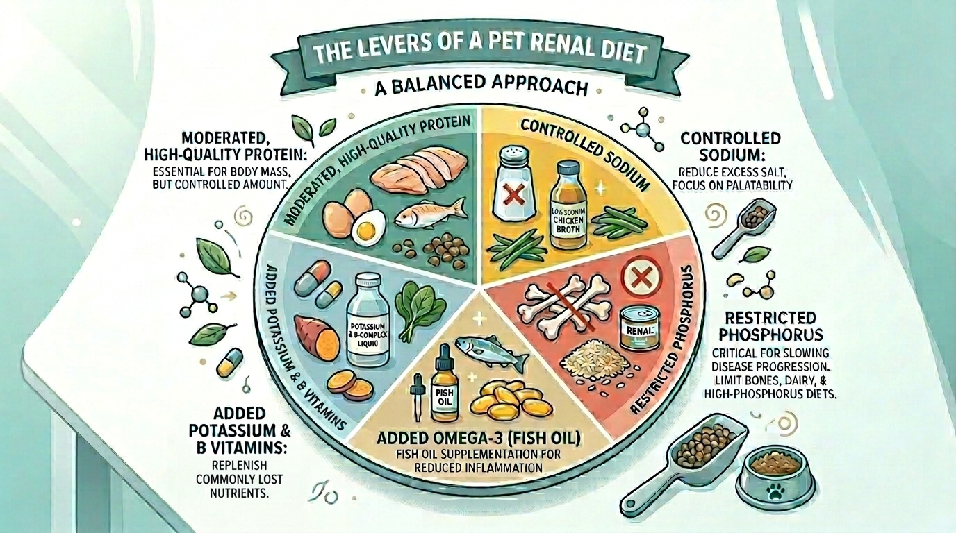 The key features of a renal diet shown as a labelled plate