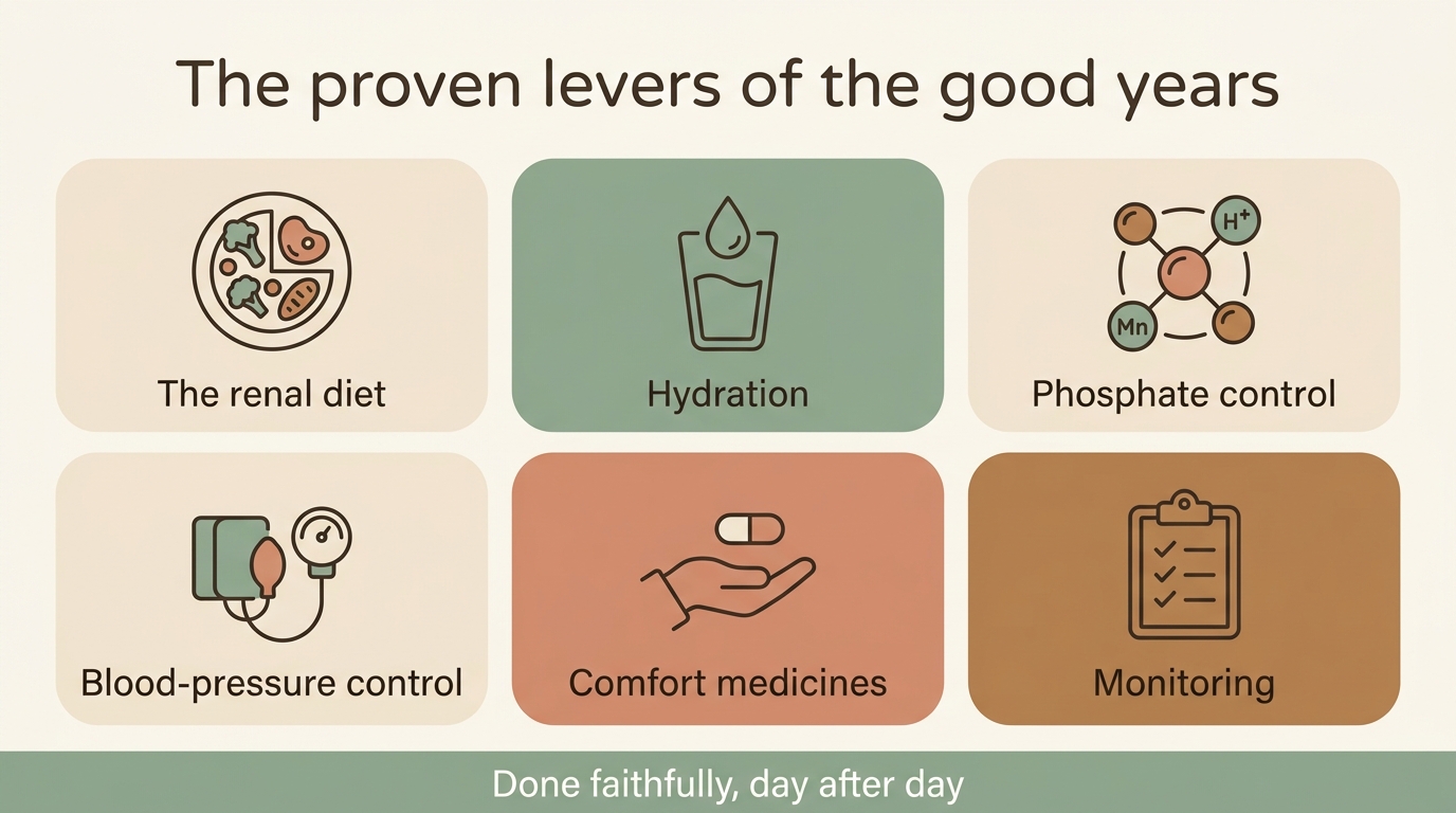 A simple labelled recap of the proven levers of kidney care: the renal diet, hydration, phosphate control, blood-pressure control, comfort medicines and monitoring