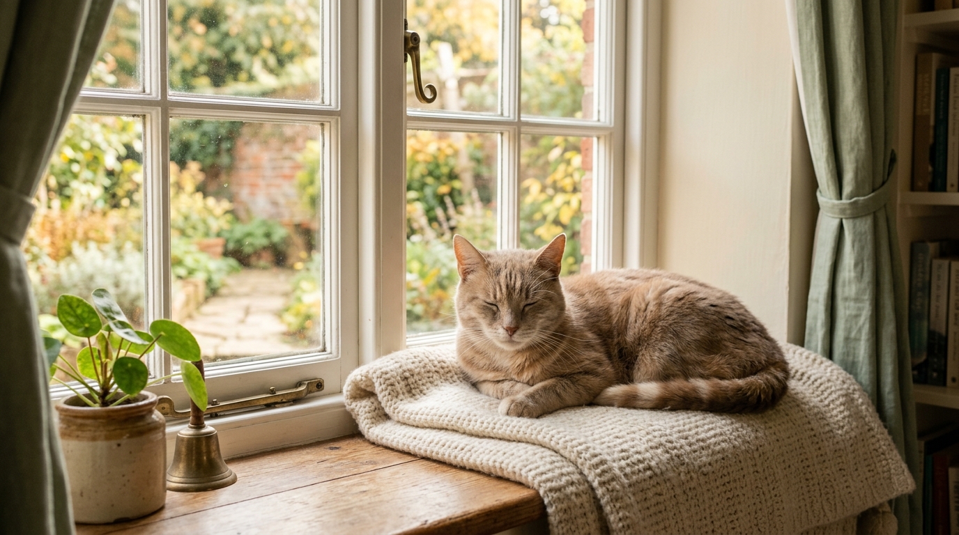 A contented older cat dozing in a sunny window, bright-eyed and at ease at home