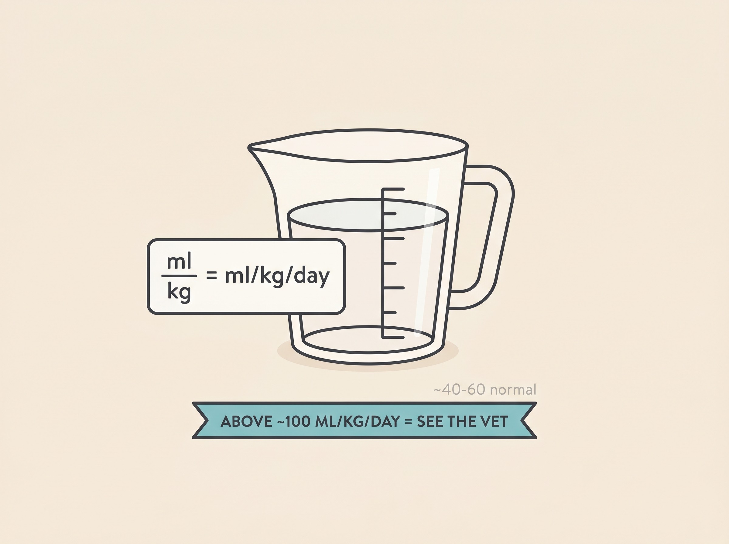 Measuring jug of water with a "ml / kg = ml/kg/day" formula and a flag reading "above ~100 ml/kg/day = see the vet"