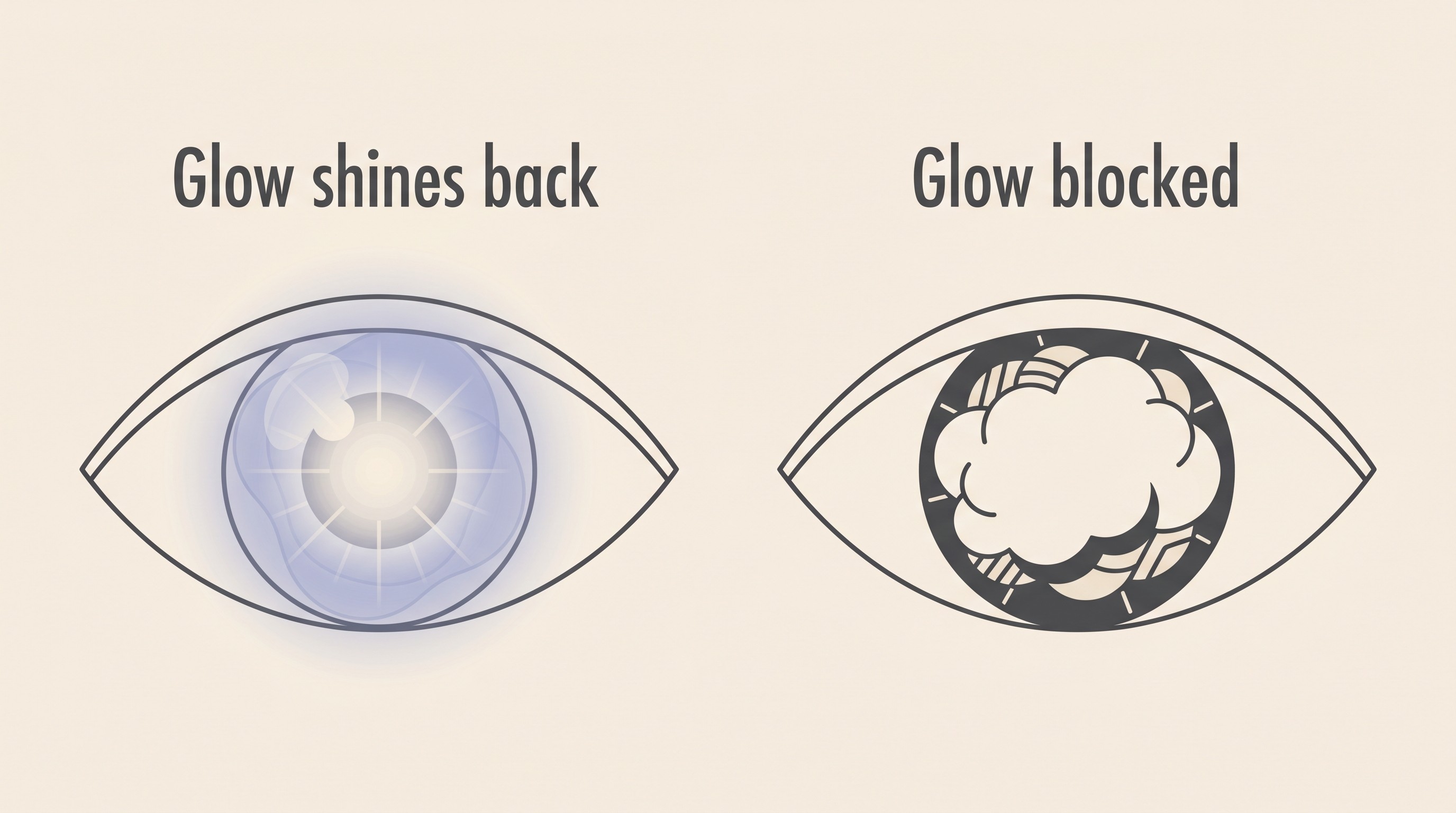 Side-by-side flat illustration on cream comparing nuclear sclerosis, where the tapetal glow still shines back through a faint bluish haze, with a cataract, where a white opacity blocks the glow