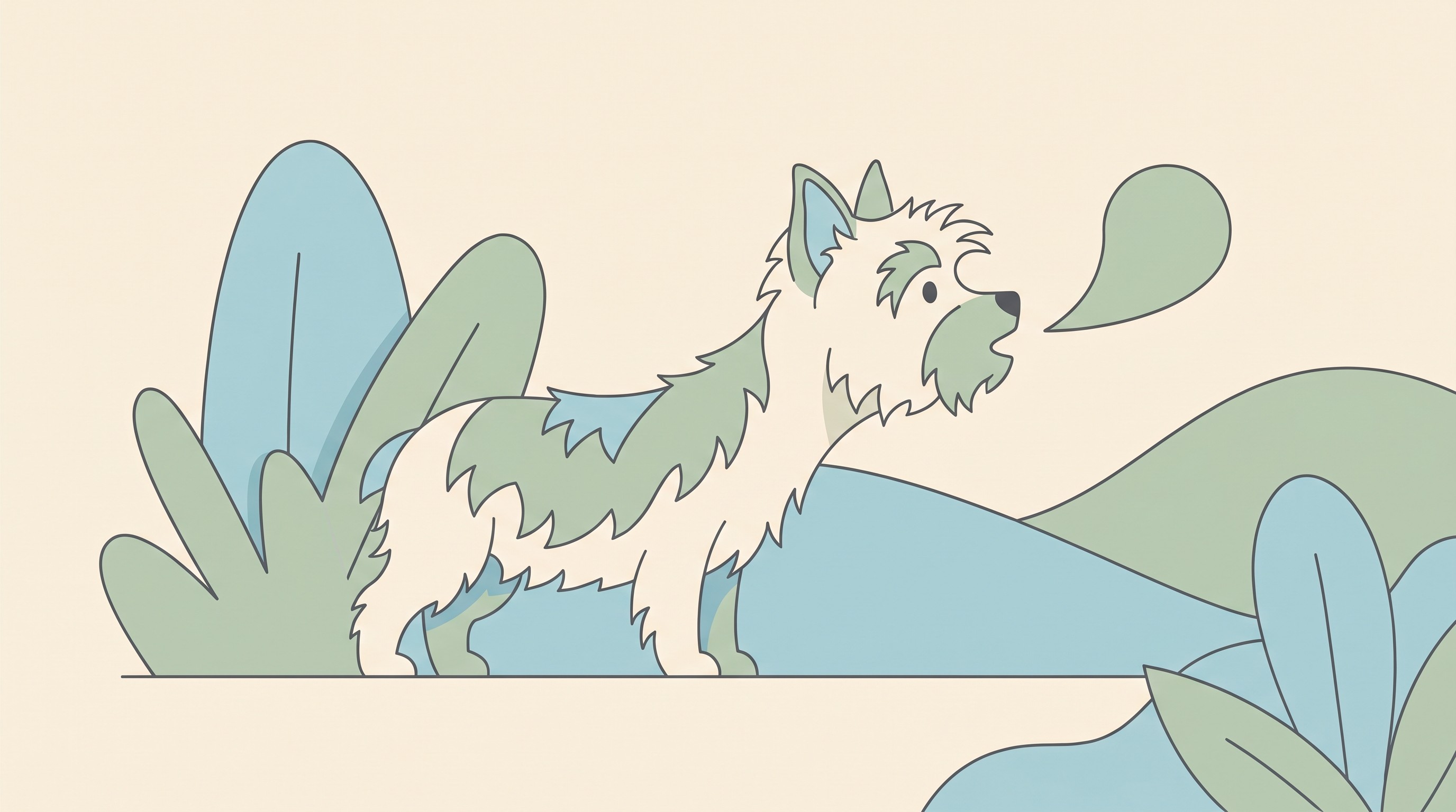 A small terrier mid-cough with its neck extended, in a warm flat-vector style on a cream background