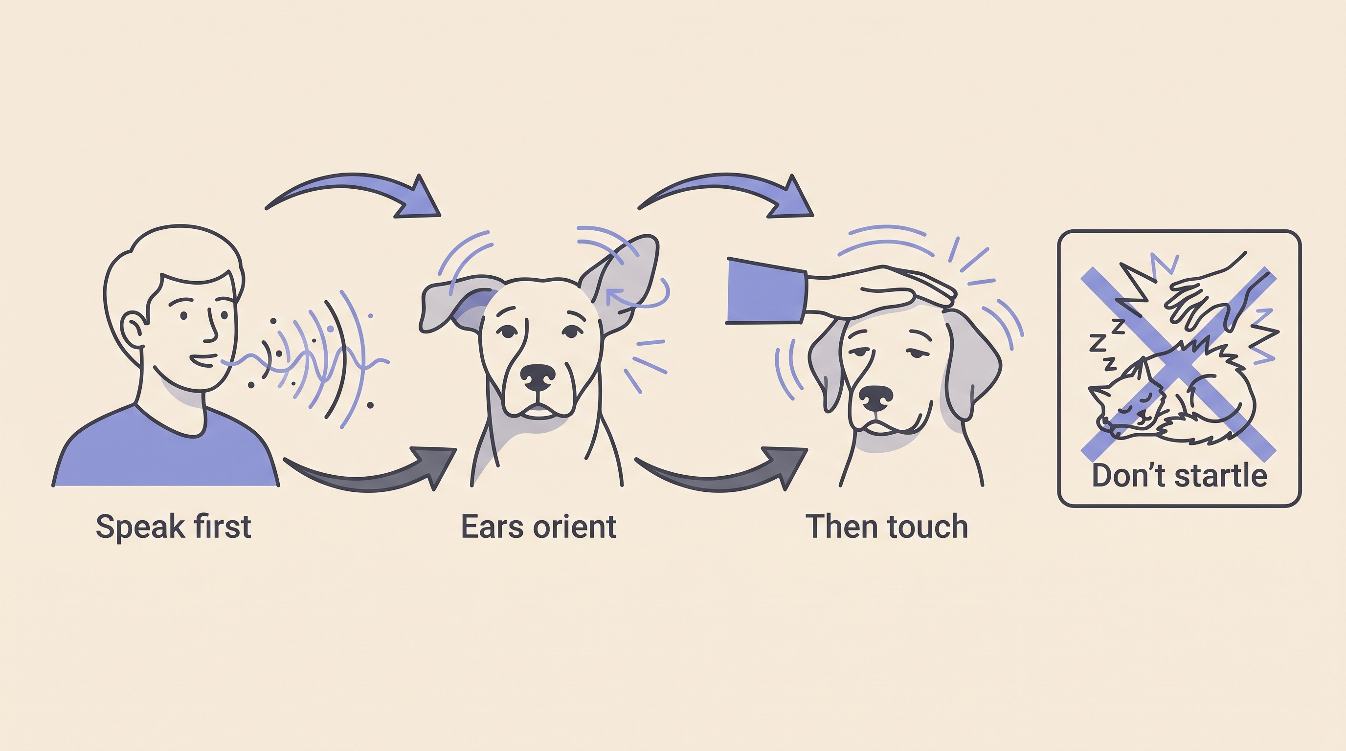 Three-step sequence on cream: a person speaks, a dog's ears lift as it orients to the sound, then a calm hand reaches in to stroke; alongside, a crossed-out panel of a silent hand startling a sleeping pet